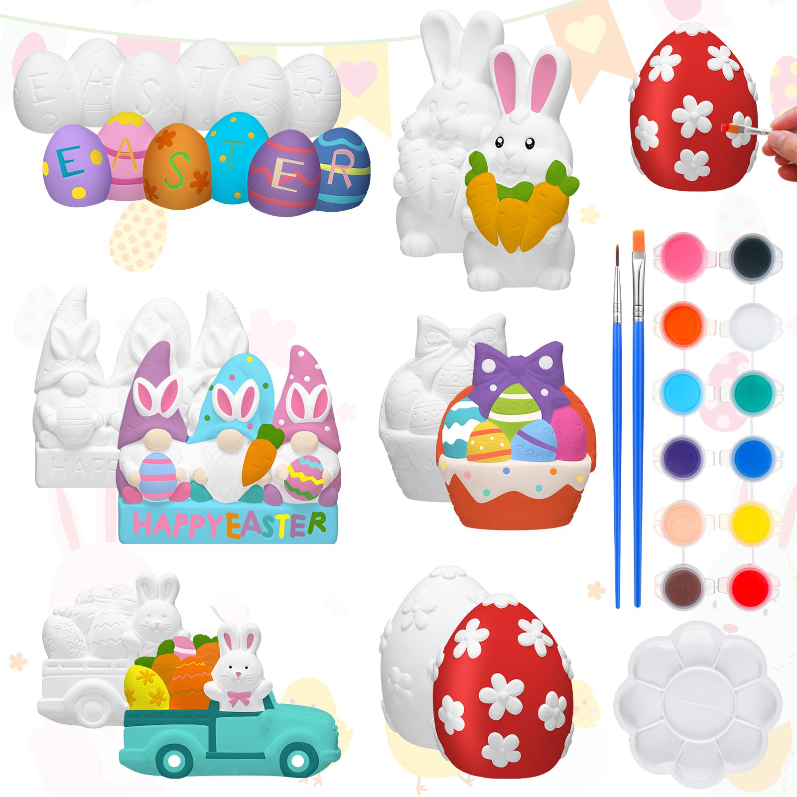Marsui Lot de 6 figurines de Pâques en céramique à peindre en céramique - Œuf de Pâques - Lapin - Prêt à peindre - Kit de figurines de Pâques non peintes - Avec palette de pinceaux - Décoration de