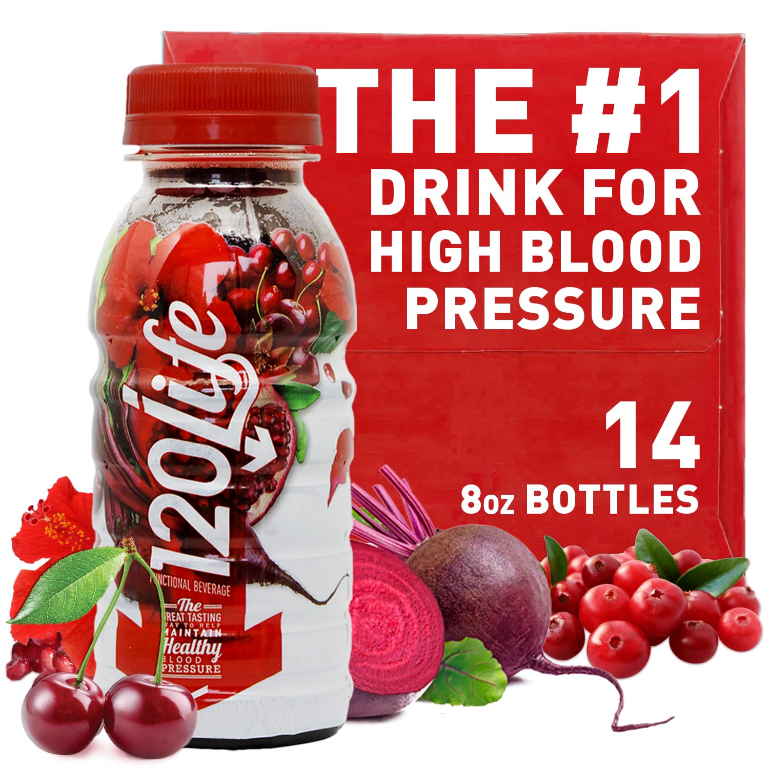 120/Life Blood Pressure Support, Beet Root Juice, Pomegranate Extract, Cranberry Juice, Tart Cherry, Hibiscus, and Magnesium (8 Fl Oz, Pack of 14) - Gluten-Free & Vegan