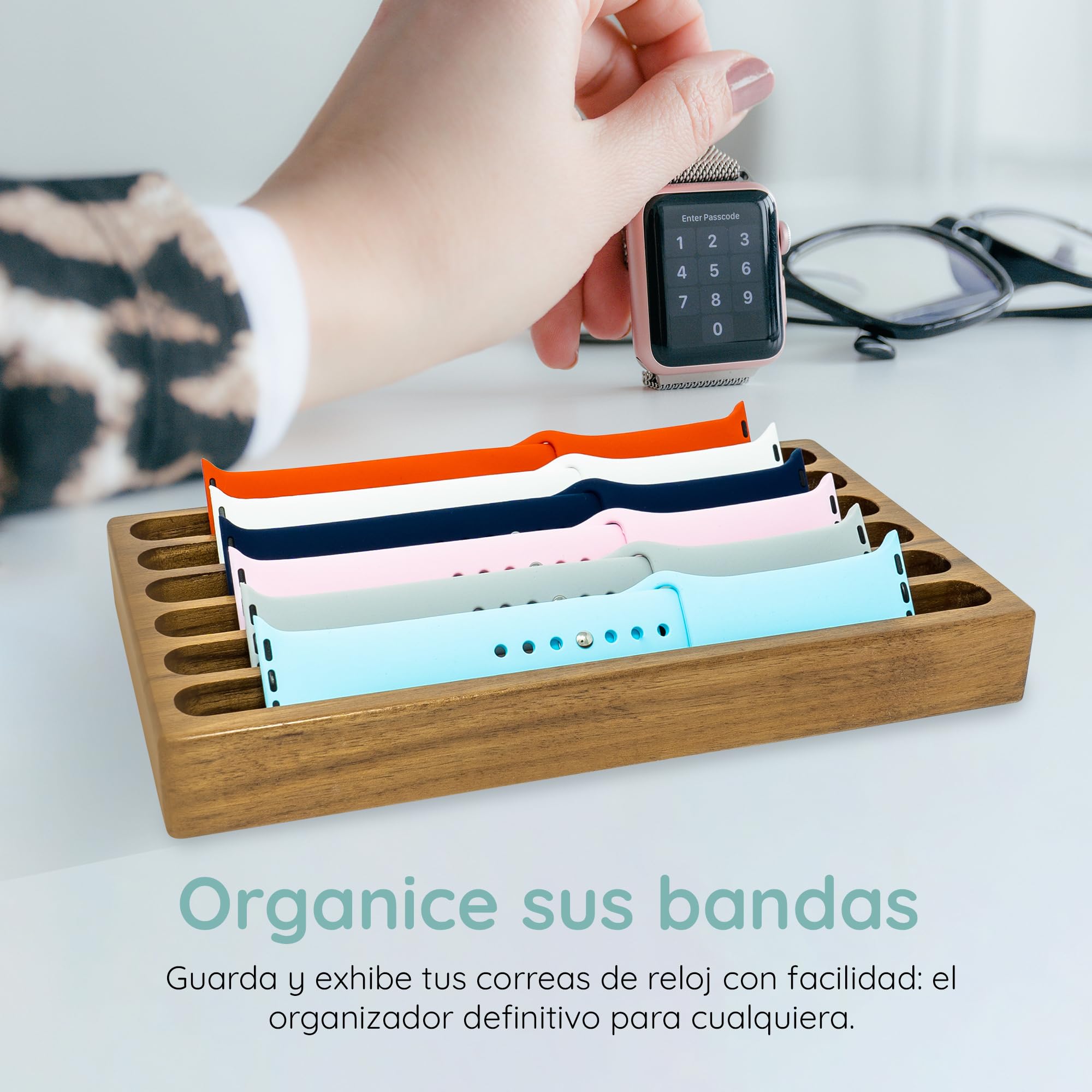 Organizador de exhibición de correa de reloj de nogal, cartera de soporte de correa de madera, compatible con todas las correas de watch de 38 mm, 42 mm y 44 mm (6, nogal)