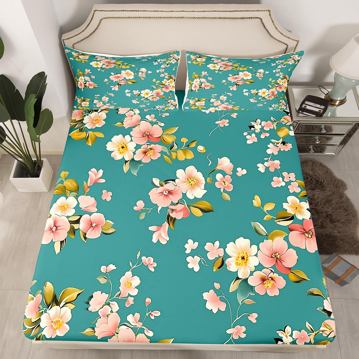 Parure de lit 3 pièces avec drap-housse et taies d'oreiller à motif floral rose
