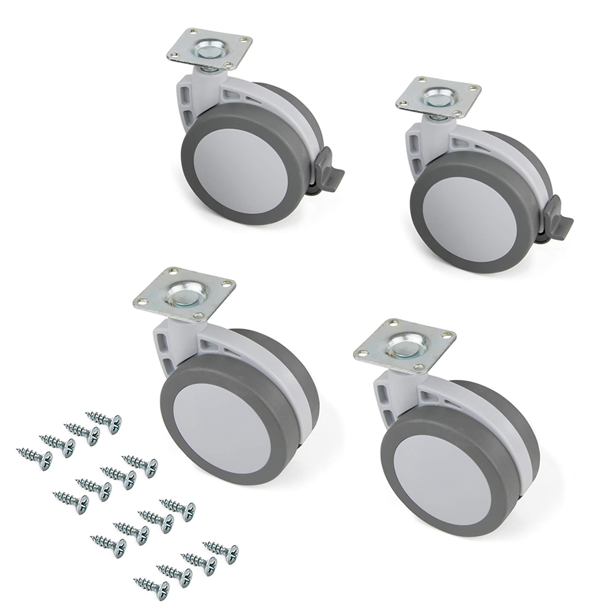 Emuca - Ruedas pivotantes para mueble - 80mm con placa de montaje y rodamiento de bolas, Gris, Set de 4 Piezas (2 con freno y 2 sin freno)