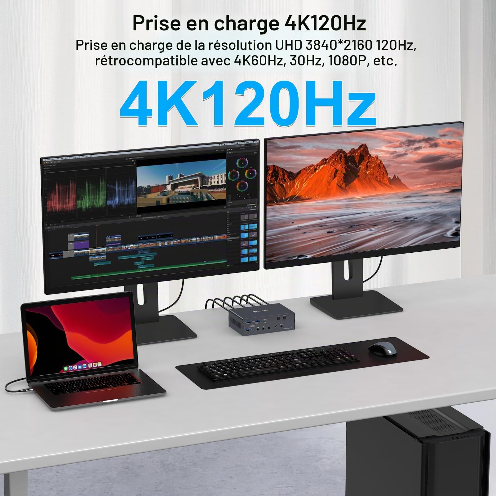 VEDINDUST 4K120Hz KVM Switch Station d'Accueil 2 Ordinateurs Portables 2 Moniteurs Thunderbolt Dock avec 2 Ports USB-C MST 1G, Ethernet 1G, Port Casque et Microphone Prise en Charge du Mode Etendu