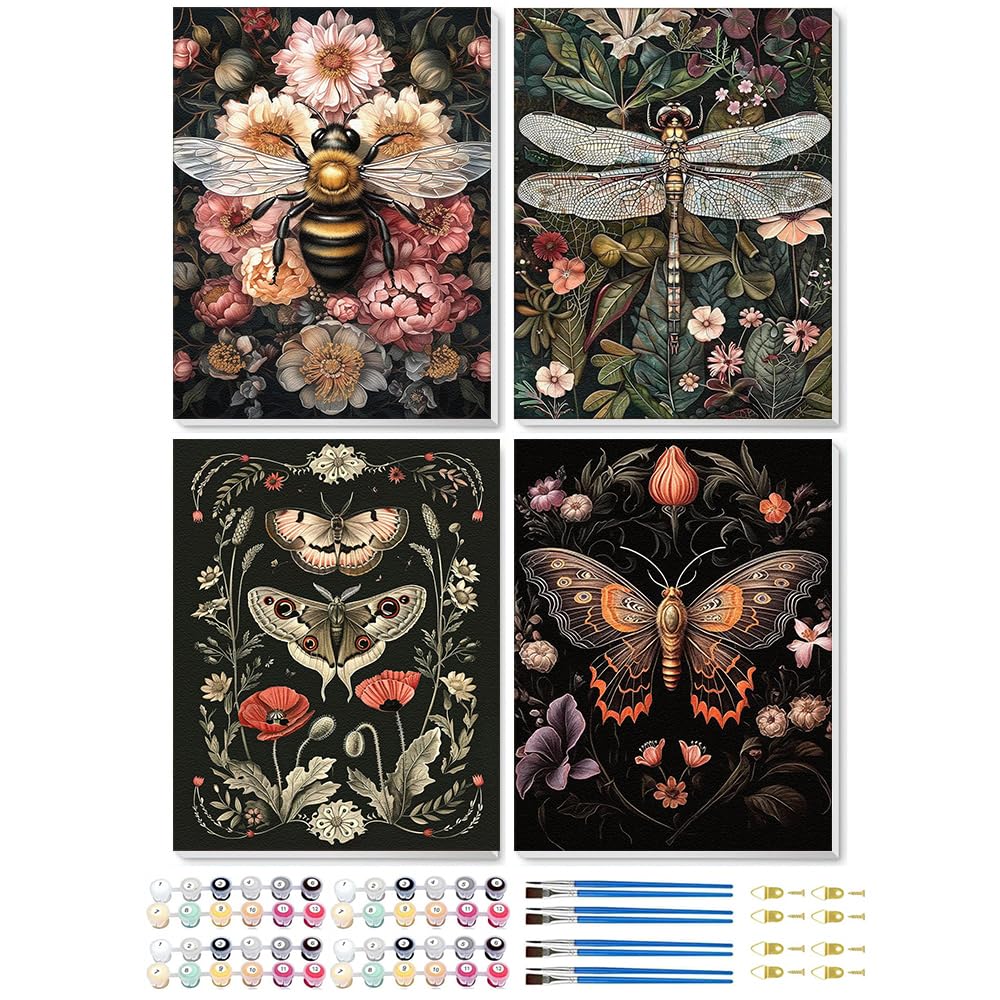 Jakener 22Paint By Number-10 4 Pack Paint By Numbers For Adults,Insect Painting By Numbers For Adults Canvas Kits,Adult Paint By Numbers Kits With Frame,Diy Acrylic Oil Painting For Home Wall Decor 9.5X12 Inch