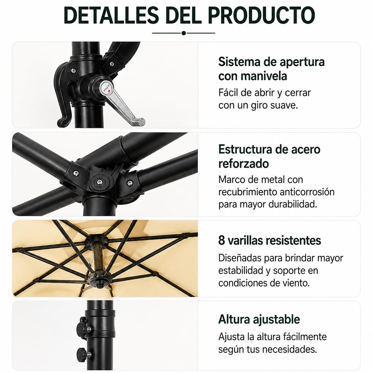 Sombrilla Terraza Exterior 3 m Lateral Inclinable 360° – Parasol Excéntrico de Jardín con Manivela, Mástil Lateral, Protección UV, Tejido Impermeable, Beige (sin base)