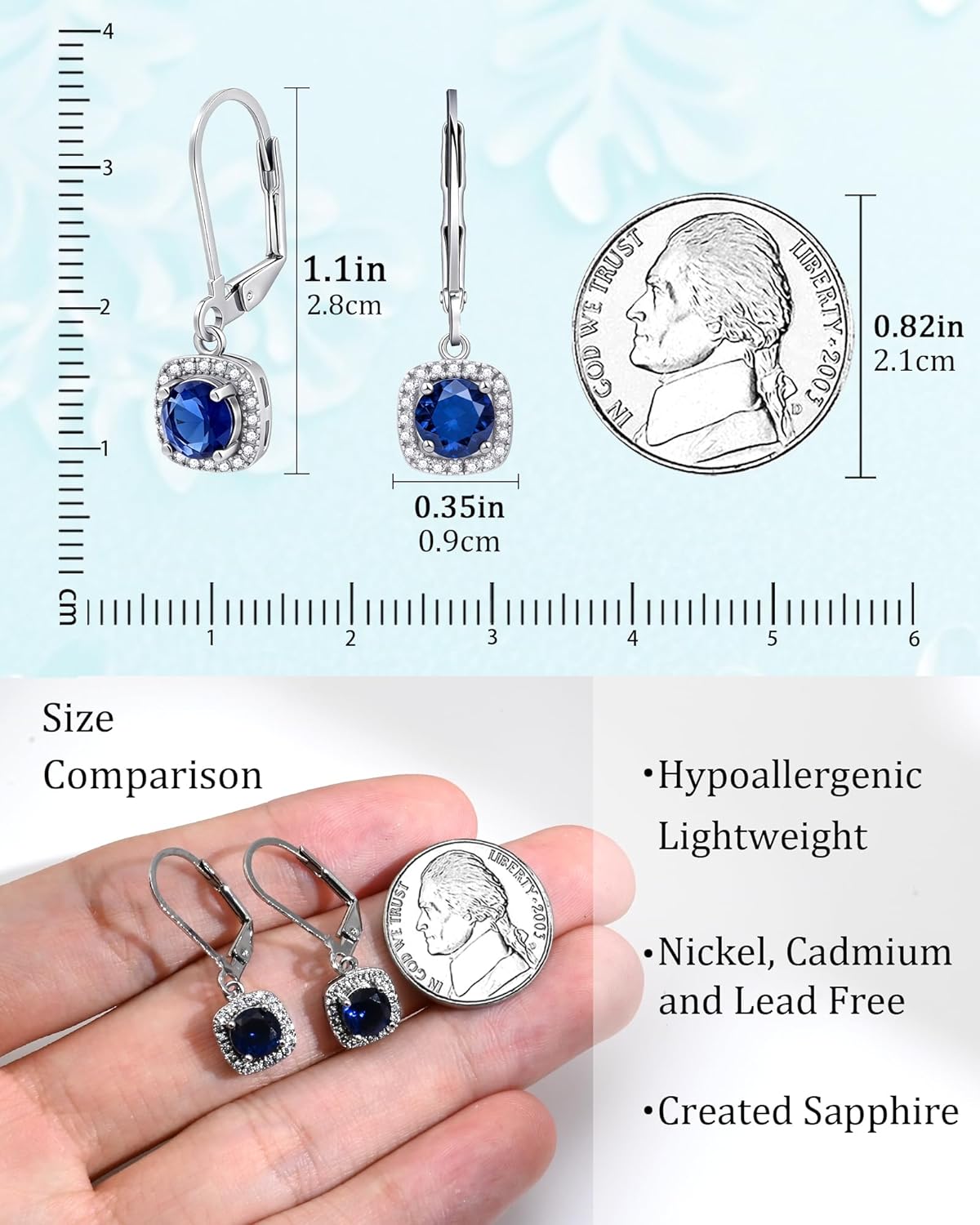 Small Blue Sapphire Leverback Earrings - Hypoallergenic Silver Drop Dangle Earrings for Women, 5MM Sapphire Halo Designed - Image 6