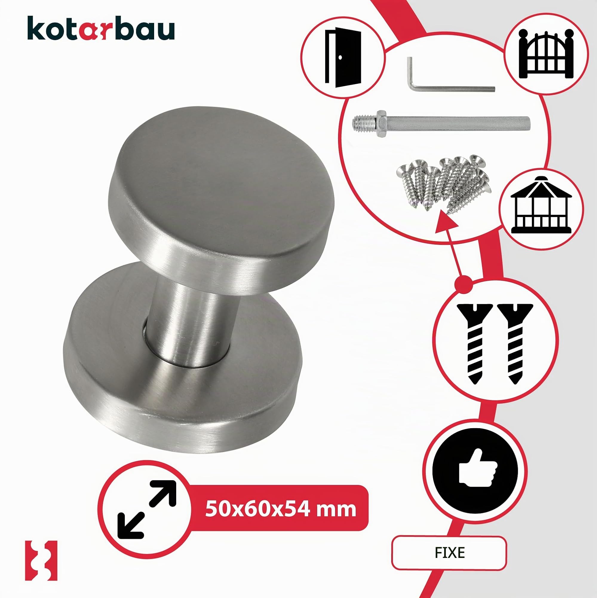 KOTARBAU® Bouton de Porte - Acier Inoxydable - Ø 50 mm - Argent - Poignée Fixe pour Porte D’Entrée et Intérieure