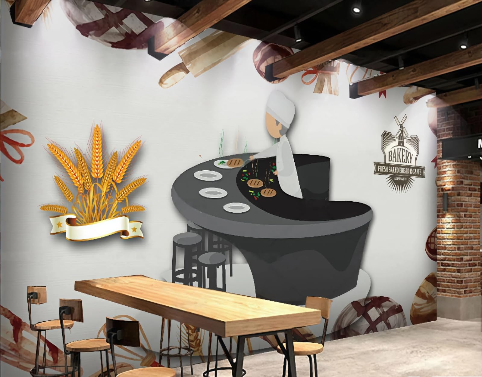 Xdoubao 3D Wallpaper Fashion Hand-Painted Gourmet Baking Bakery Chef Breakfast Drink Afternoon Tea Western Restaurant Background Wallpaper Coffee Shop Mural,,200X140cm