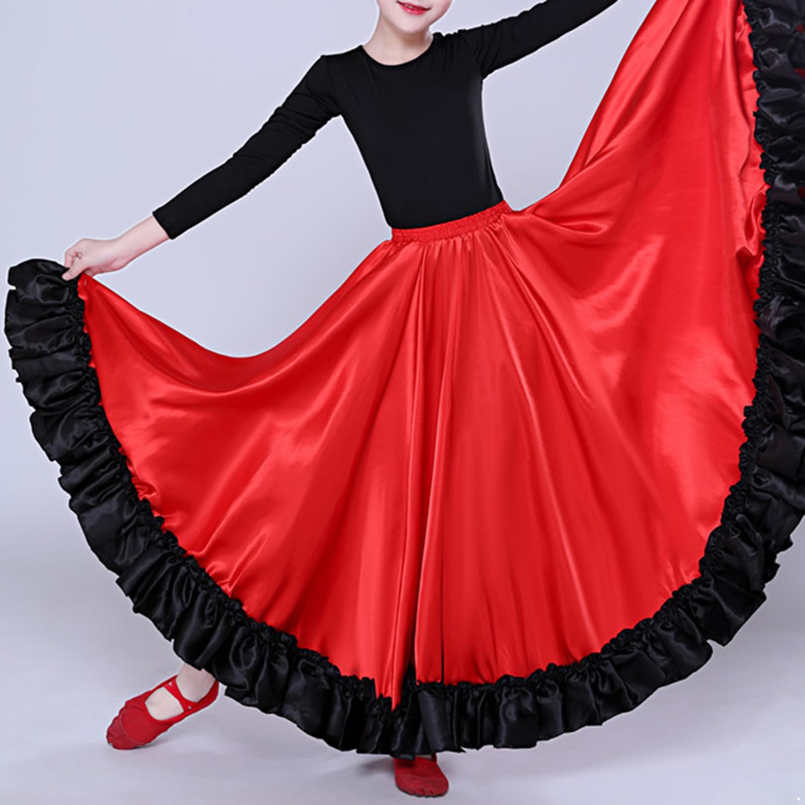 FEESHOW Mädchen Flamenco Rock Spanischer Tanzrock Lang Latin Standard Ballsaal Rock Swing Maxirock Kinder Karneval Faschnacht Party Outfit
