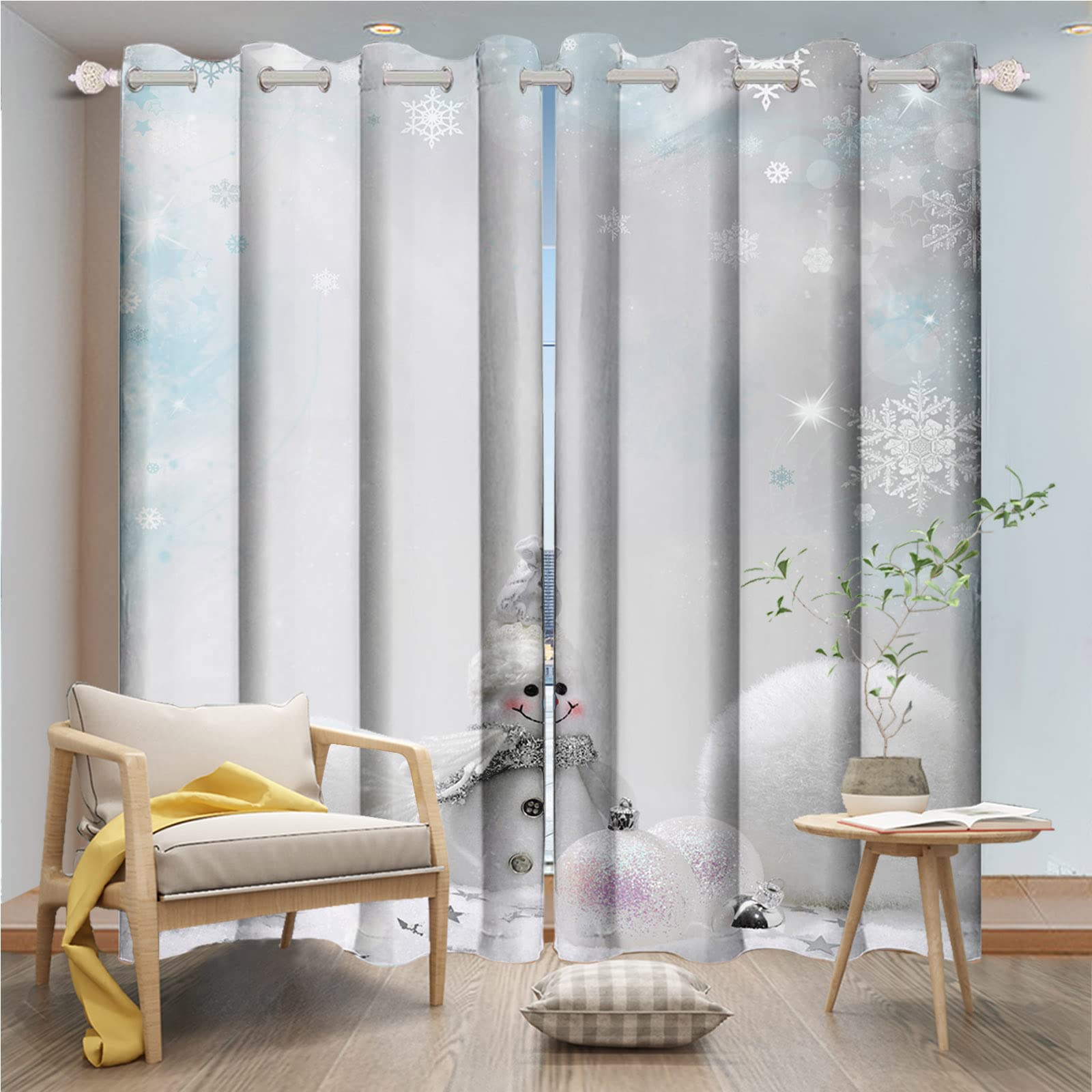Yeele White Window Curtain Winter Snowflake Blackout Curtain Cute Snowman Cartoon Kids Curtain for Home Bedroom Decor White Ball Pine Ornament Xmas Curtains with Grommets,2 Panel 21x54IN