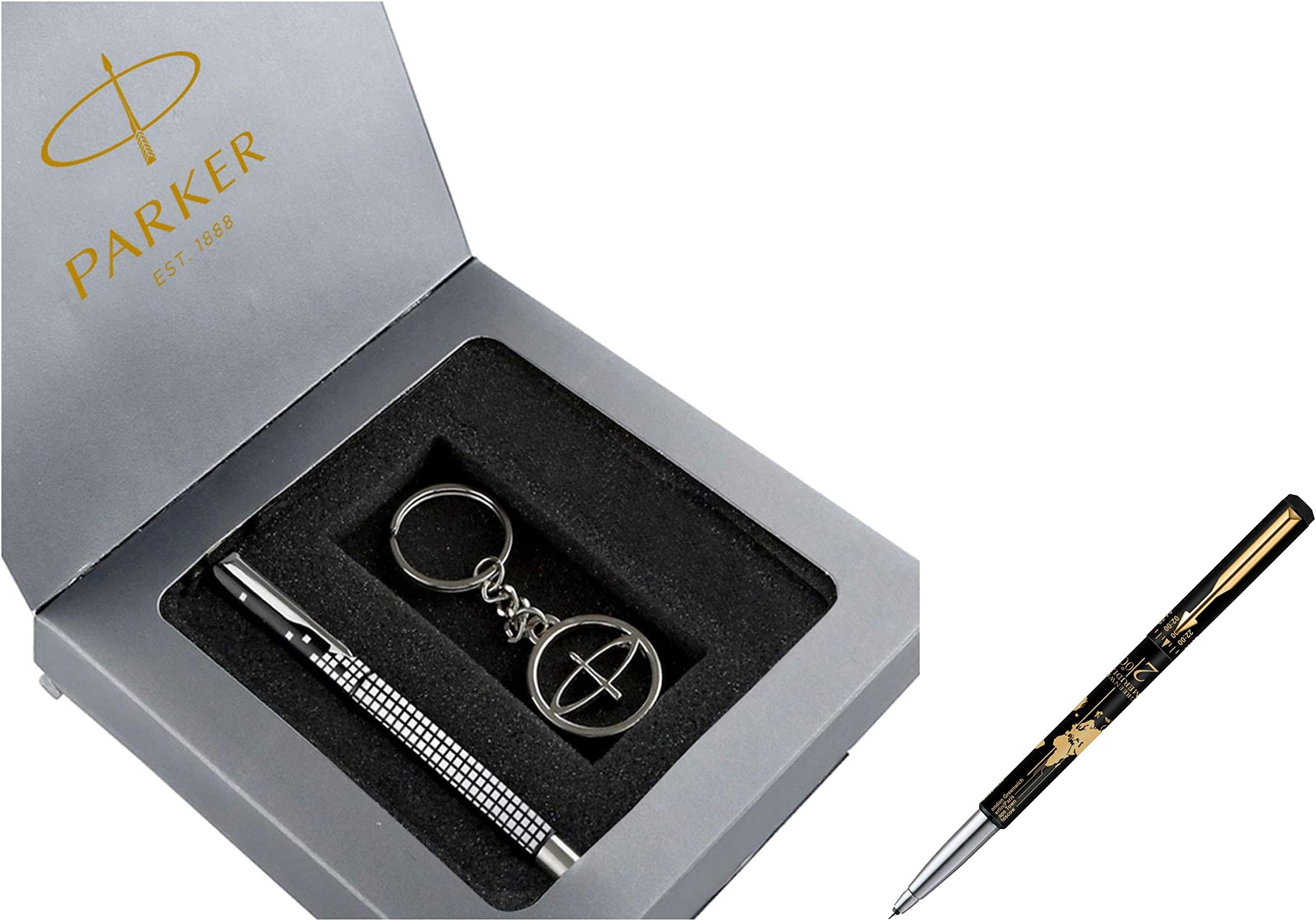 Parker Vector Gift Set Roller Ball Pen Round Key Chain & Parker Moments Vector Timecheck Gold Trim Roller Ball Pen
