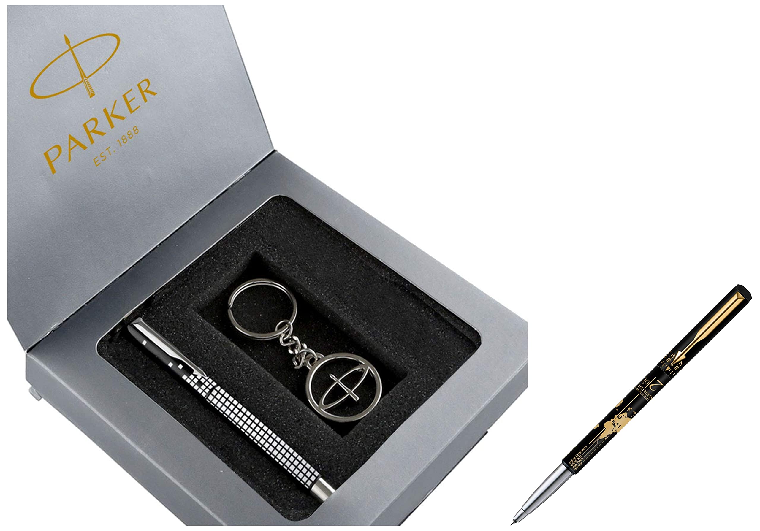 Parker Vector Gift Set Roller Ball Pen Round Key Chain & Parker Moments Vector Timecheck Gold Trim Roller Ball Pen