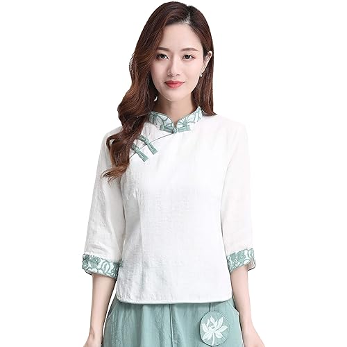 3/4 Sleeve Women's Chinese Top Linen Blouse Qipao Shirt