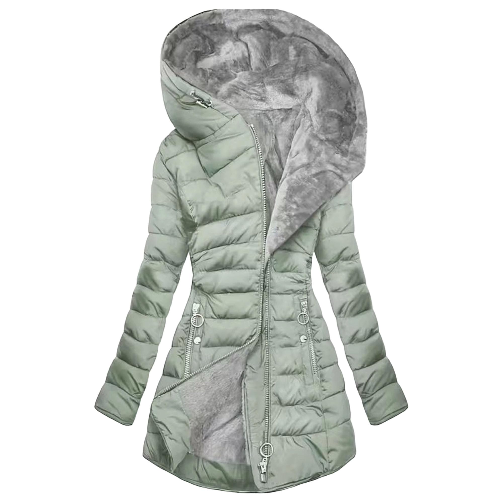 Piumino invernale da donna foderato in pile caldo con cappuccio e zip