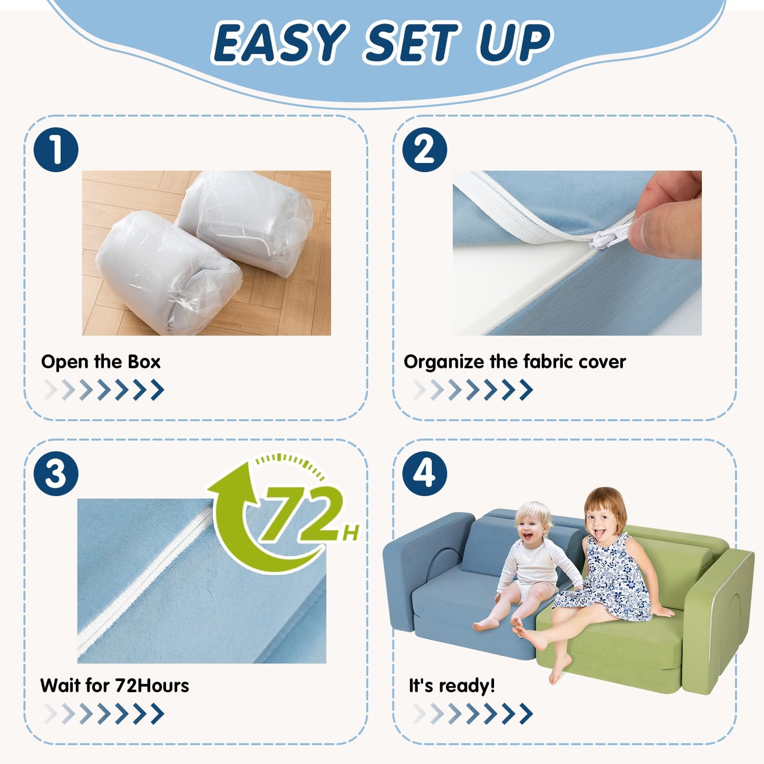 Kids Couch, Modular Kids Play Couch with 1000+ Building Options, Super Comfy Convertible Sofa for Playroom, Ideal Gift for Children，Blue/Green