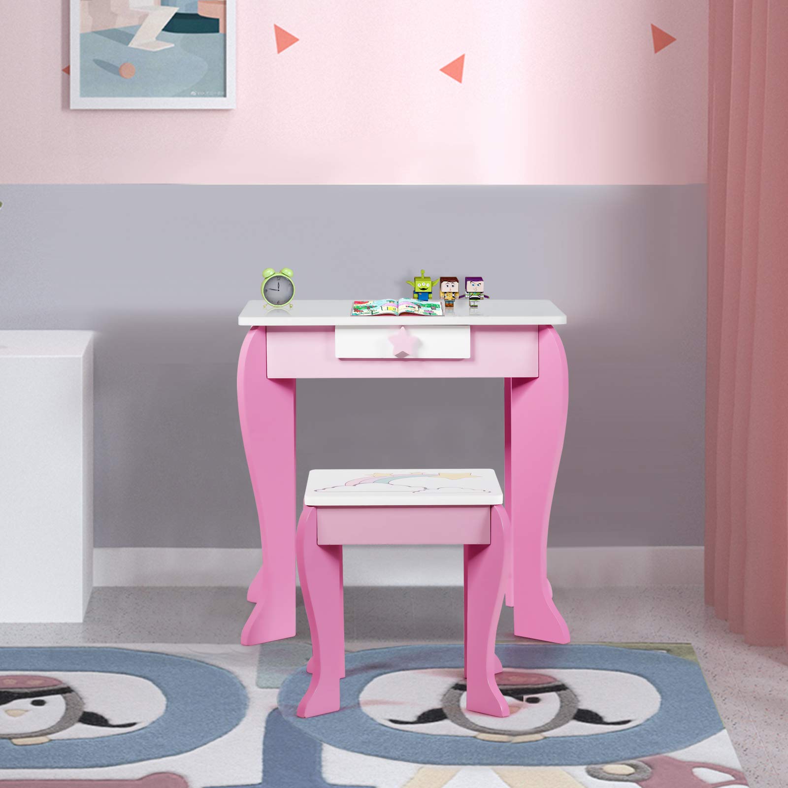 COSTWAY HW66654-VC, tavolo da toeletta per bambini, con sgabello, con cassetto e specchio rimovibile, per ragazze dai 3 ai 7 anni (rosa),