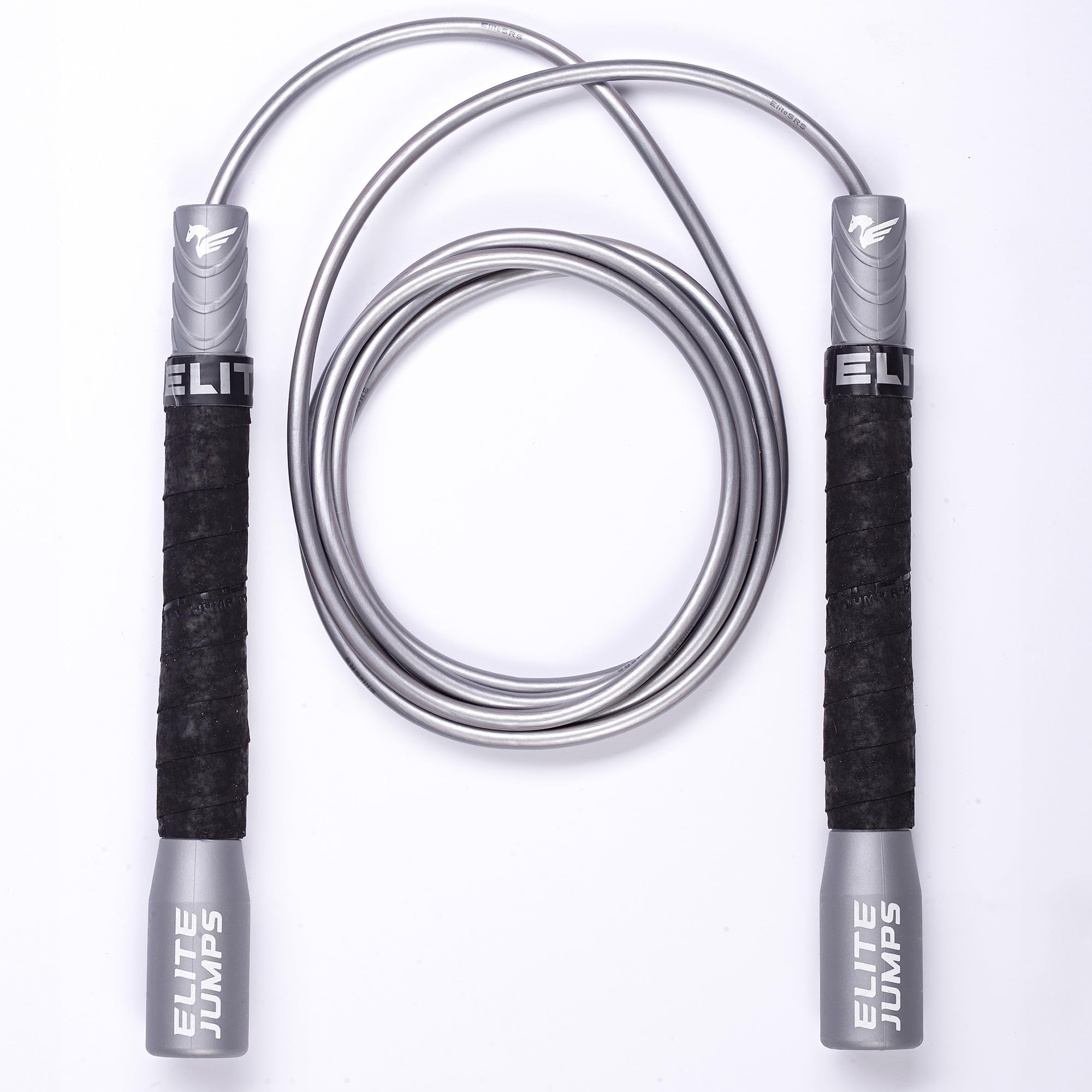 (Silver/White) - EliteSRS Beginner Jump Rope for Adults - Fitness Cardio Training - Long Handles/Comfortable Foam Grip/Forgiving PVC Cord - Indoor or Outdoor Skipping - Pro Freestyle