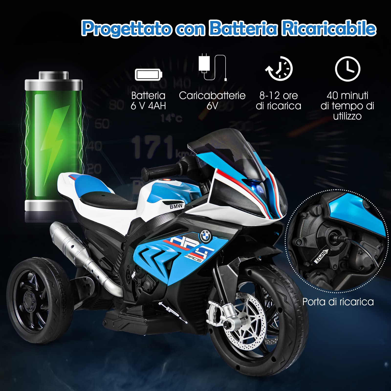 RELAX4LIFE 6V BMWMoto Elettrica per Bambini a 3 Ruote con Pedale Acceleratore,con Sedile Comodo e Porta USB/AUX, Moto Elettrica, Velocità 3 KM/H, Carico Massimo 30 KG, per Bambini 3-8 Anni (Blu)