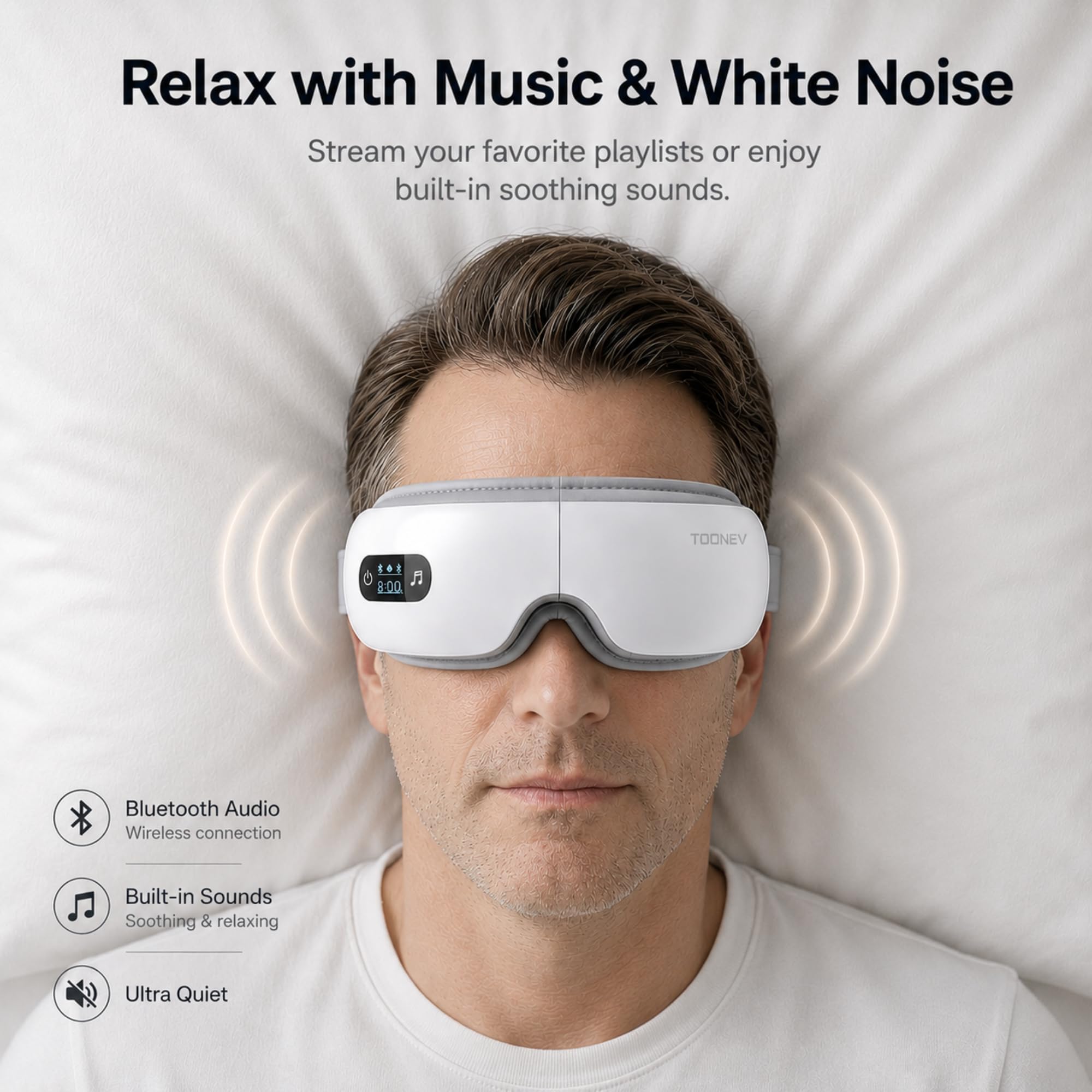 Augenmassagegerät mit Wärme und Bluetooth Musik, Beheizte Augenmaske für Migräne & Augenbelastung, Wiederaufladbares Augenpflegegerät für trockene Augen, Kopfschmerzlinderung & besseren Schlaf