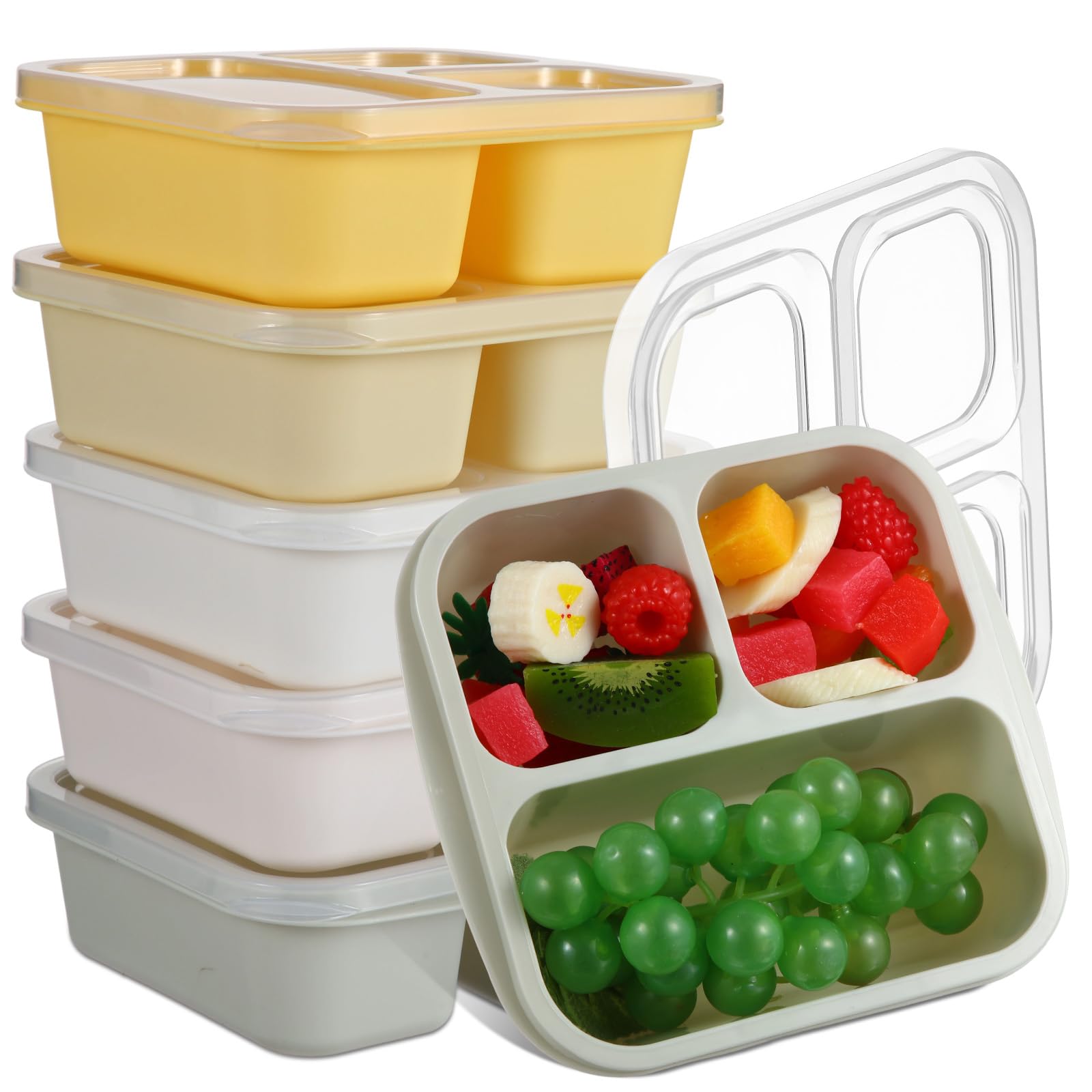 Photo 1 of Honeydak 5 Pack Snack Containers 3 Compartment Bento Snack Boxes Divided Meal Prep Containers with Lids Reusable Adults Lunch Food Storage Box for School Work Travel(Lemon Color)