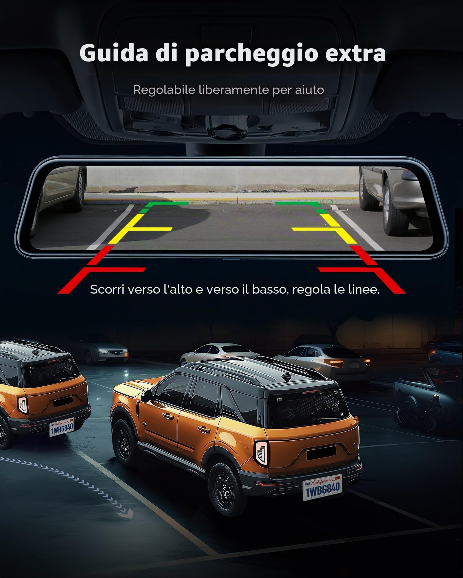 WOLFBOX 12" G840S 4K Dash Cam Specchietto con 5.8GHz WiFi, Dashcam Retrovisore Telecamera per Auto con Anteriore 170° e Posteriore 140°, Parcheggio Assistito, Sensore G(Con Scheda da 32 GB & GPS)