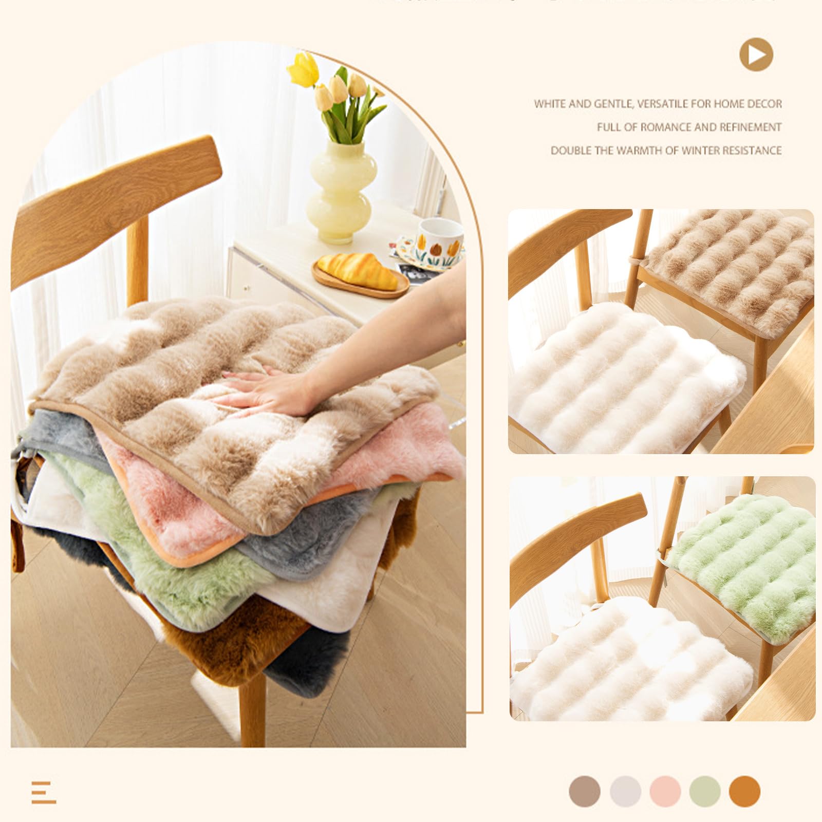 HEVOY Square Faux Fur Seat Cushion, Faux Rabbit Fleece Chair Pad, Winter Thick Plush Cushions for Dining Chairs, Comfy Lazy Sofa Office Floor Pillow, Cute Bedroom Decor(White,1pc/15.8×15.8inches)