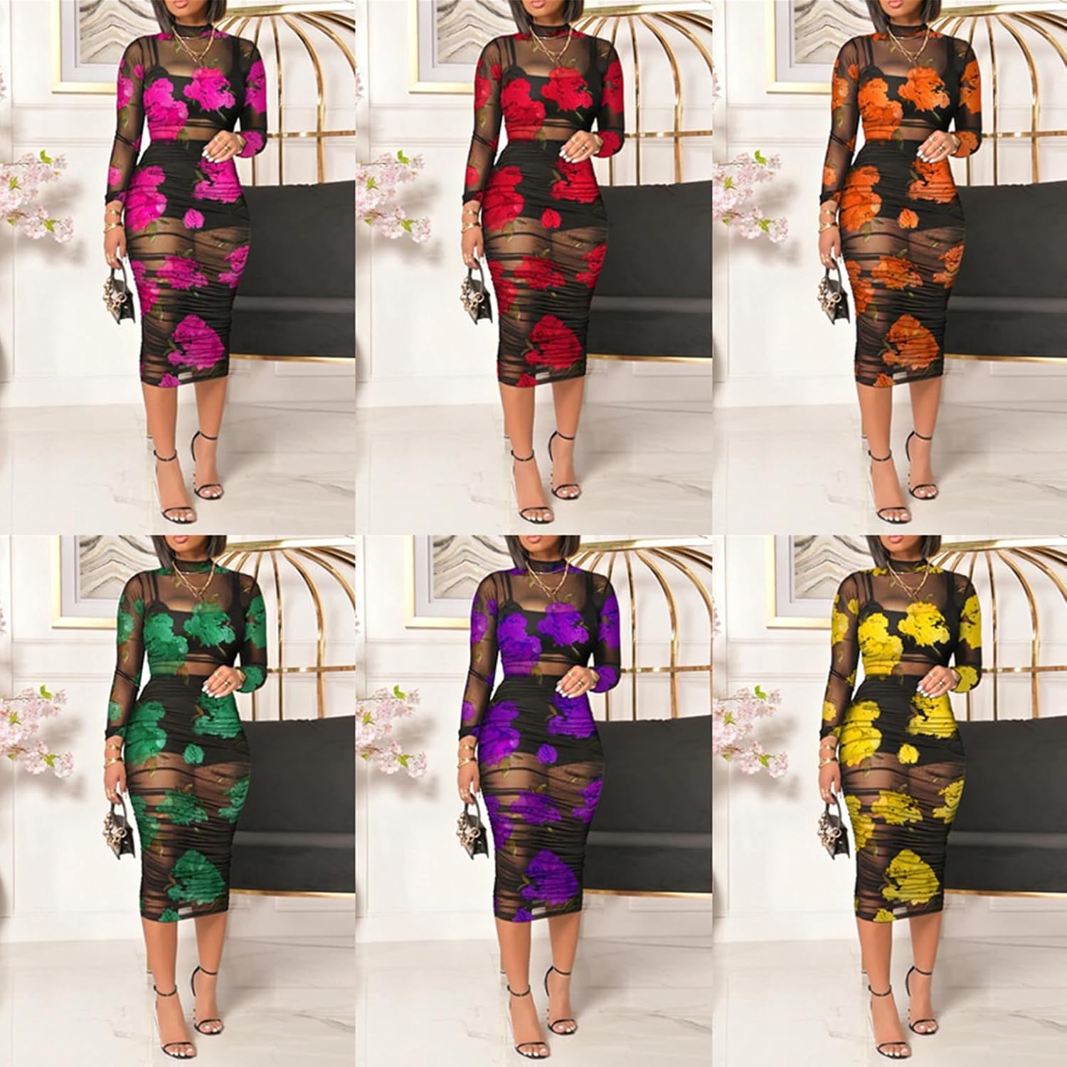 Women Sexy See Through Sheer Mesh Bodycon Midi Dress Long Sleeve Shorts 3 Piece Outfits Set Floral Print Cover Up - Image 5