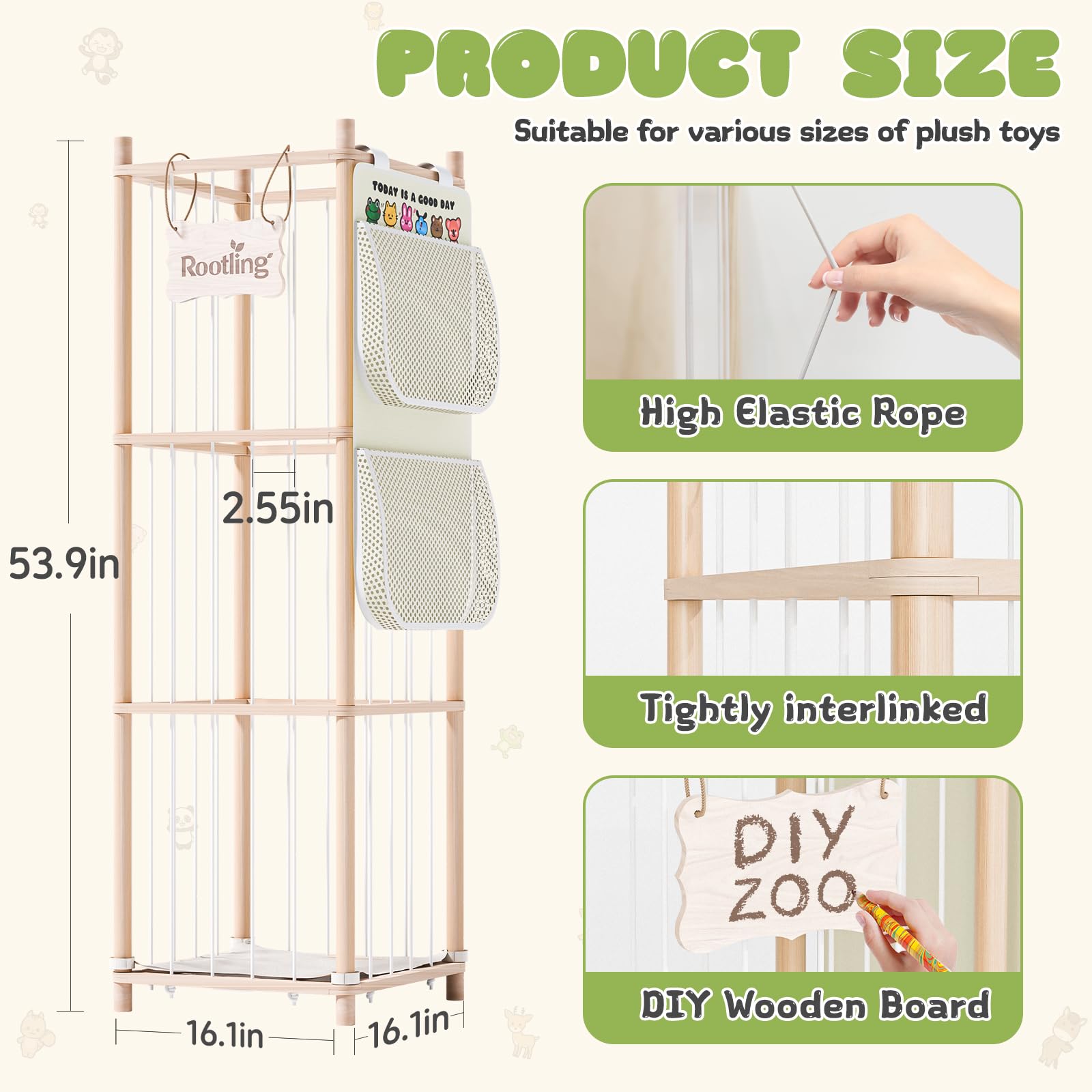 Large Stuffed Animal Storage & Organizer, 54 inch Tall Wooden Cute Zoo Toy Holder, Premium Wooden Material with Elastic Cord For Toddler Rooms, Playrooms & Bedrooms