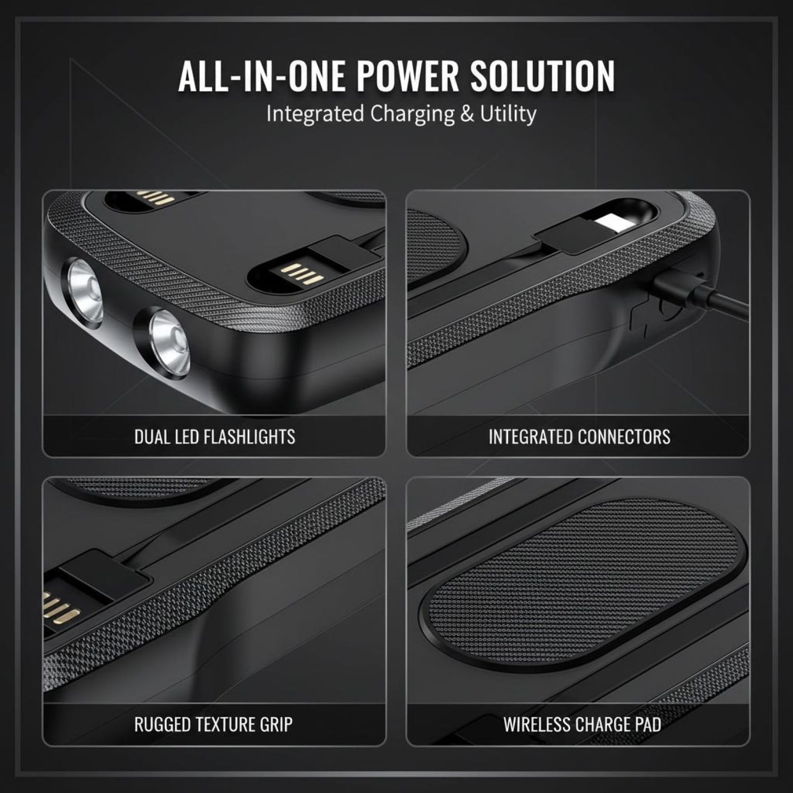 Power bank da 10000 mAh, caricatore portatile con ricarica wireless, doppia torcia a LED, accendifuoco esterno, design sottile, guscio in ABS di lunga durata, ideale per campeggio e uso di emergenza