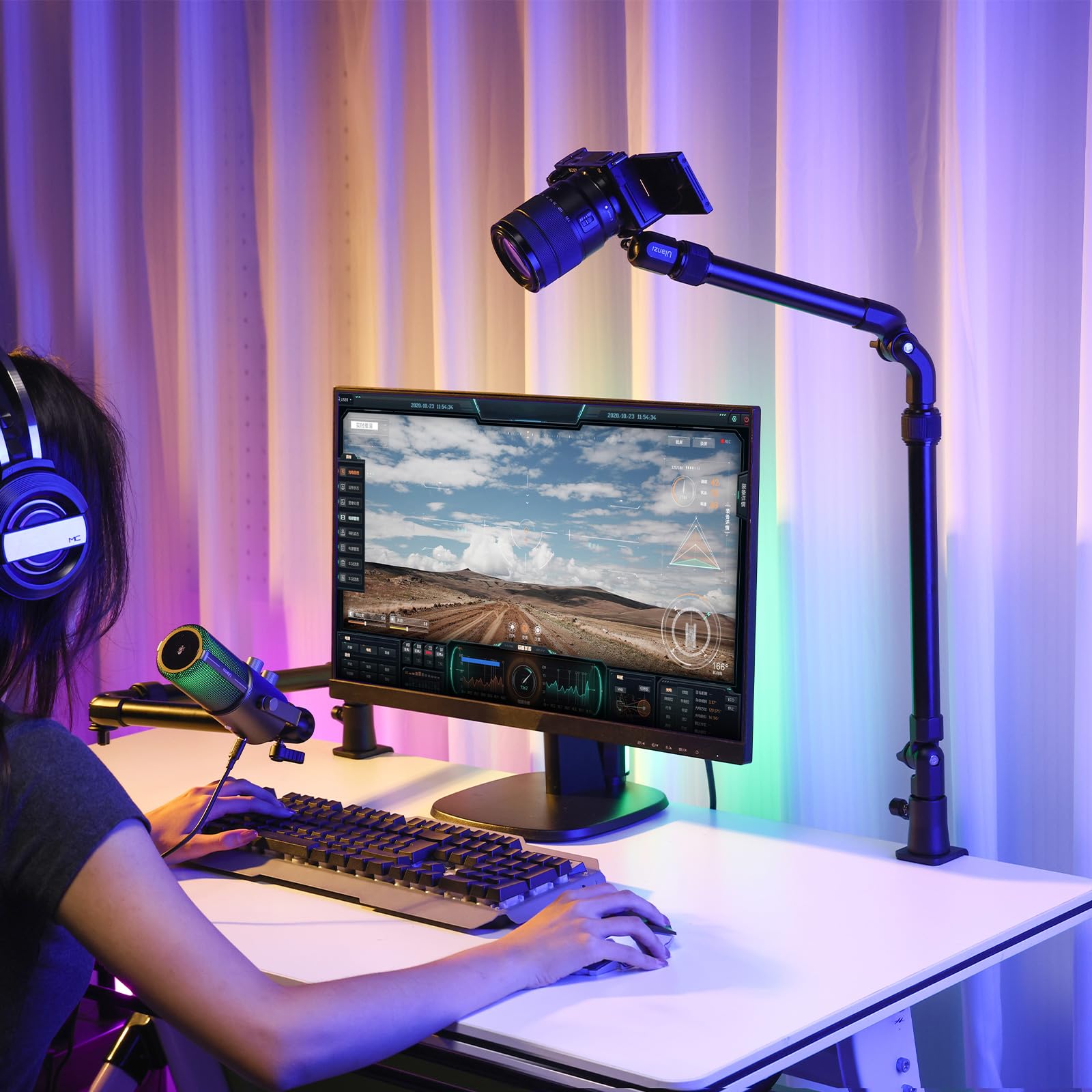 ULANZI ZJ02 Supporto da tavolo per fotocamera da 98 cm, Braccio articolato, Supporto da scrivania per illuminazione per streaming e videogiochi, testa a sfera a 360° per luce ad anello e poriettore