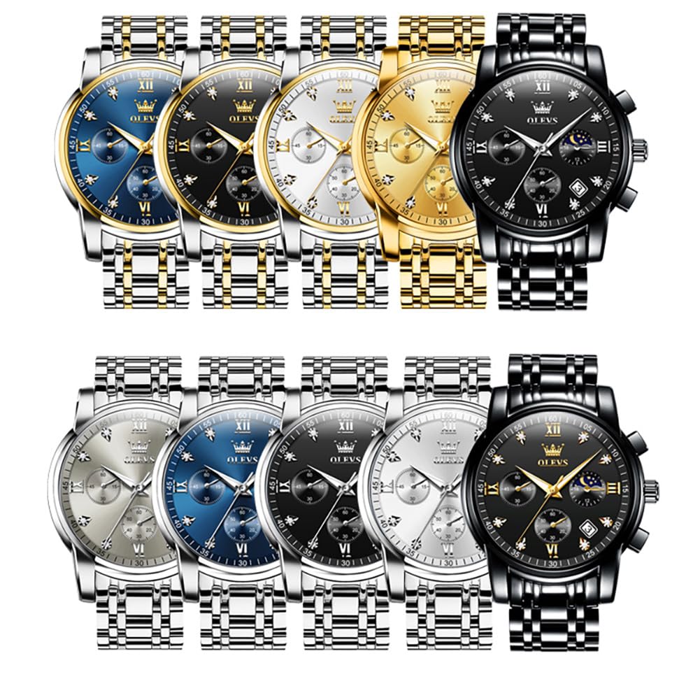 OLEVS Armbanduhr Herren Quarz Luxus Edelstahl Business Herrenuhr Chronograph 3Bar Wasserdicht Uhren Herren 42mm Zifferblatt mit Mondphase Datum Leuchtzeiger klassisch schlicht Geschenk für Männer
