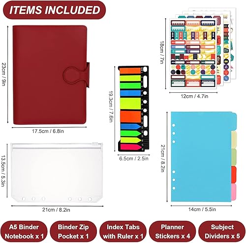 Miniatura 10 de HXRTANGS Cuaderno de piel sintética A5, cuaderno de 6 anillos recargable de hojas sueltas con bolsillossoporte para bolígrafosaccesorios, papel