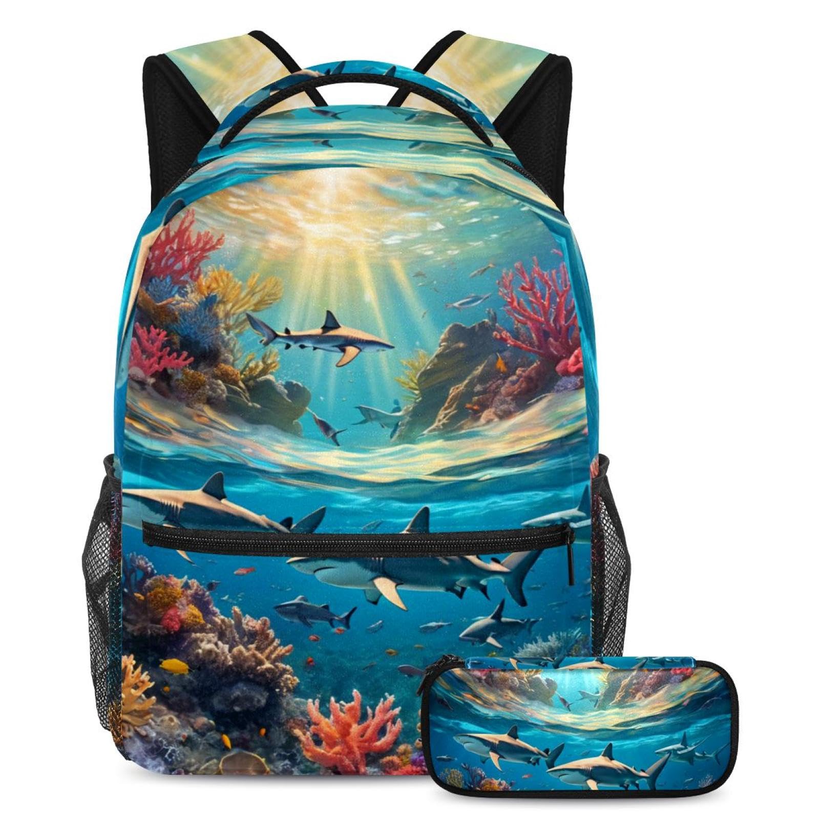 Sac à dos requin mignon et trousse multicolore pour étudiants