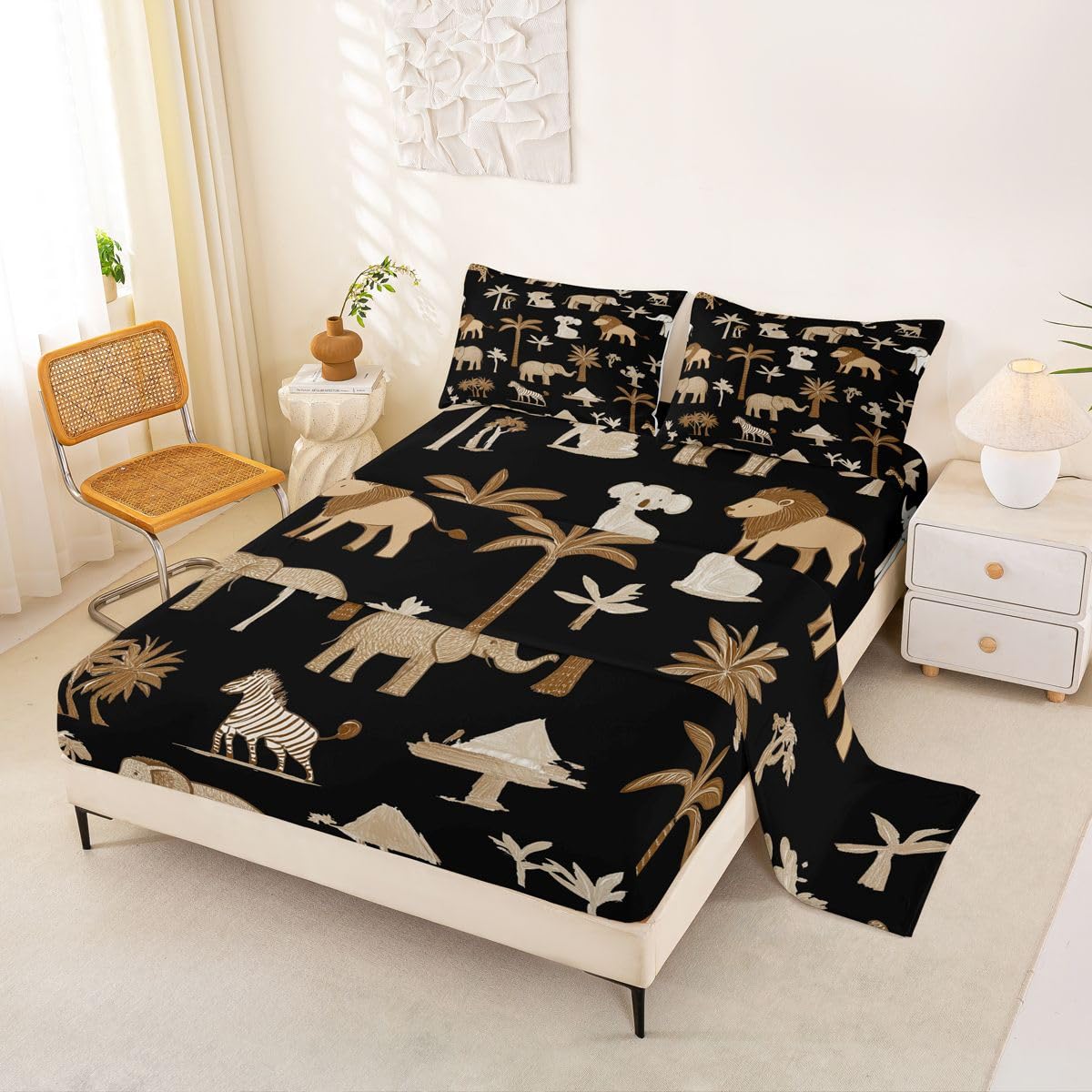 Homewish Dżungla zwierzęta zestaw pościeli podwójne kreskówka kawaii prześcieradła słoń lew żyrafa zwierzę prześcieradło zestaw - dzika przyroda dopasowane górne prześcieradła 4 sztuki