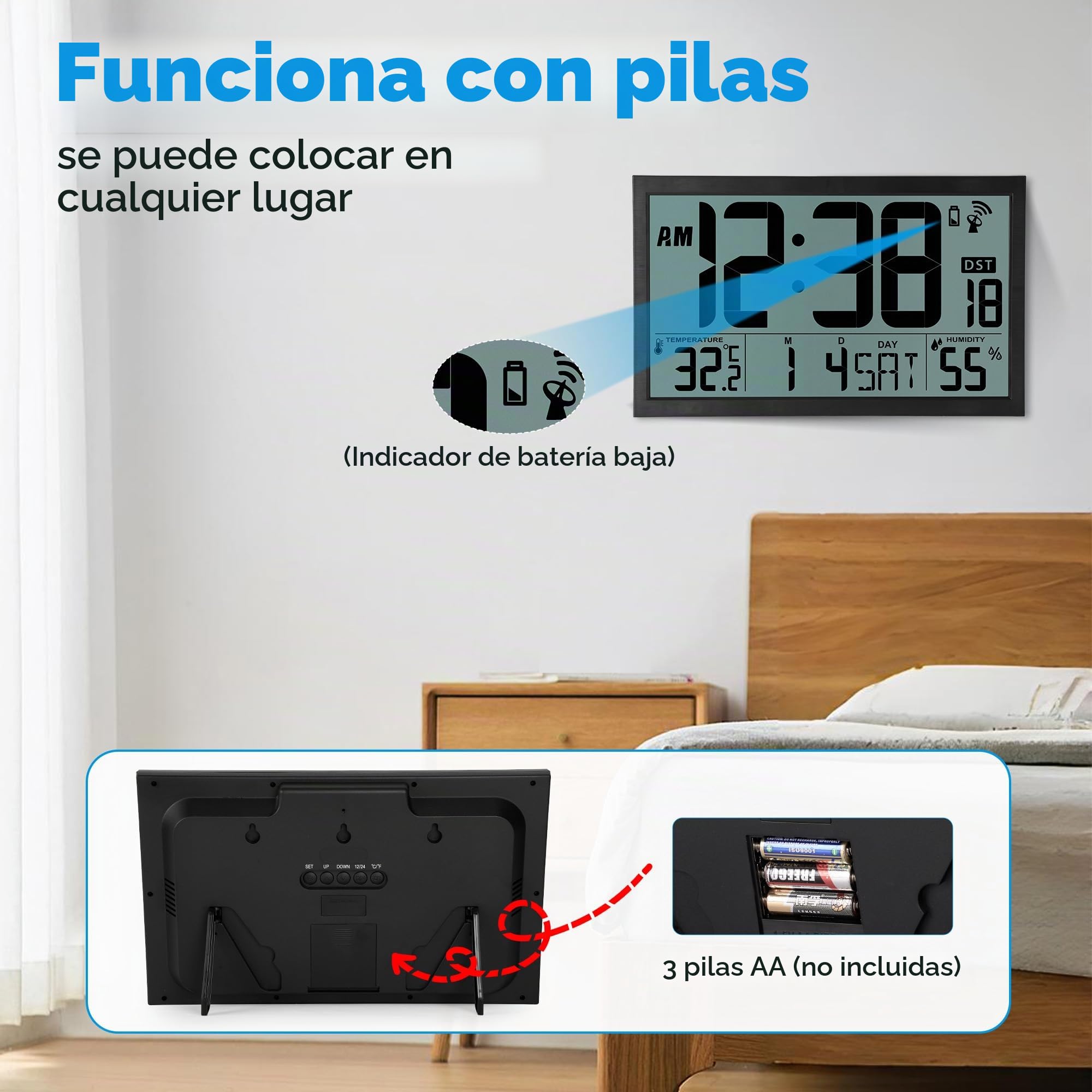 Sukeen Reloj de pared LCD controlado por radio, grande, digital, funciona con pilas, reloj atómico de escritorio de 16.7 pulgadas con temperatura, humedad, fecha, día, DST para oficina en casa