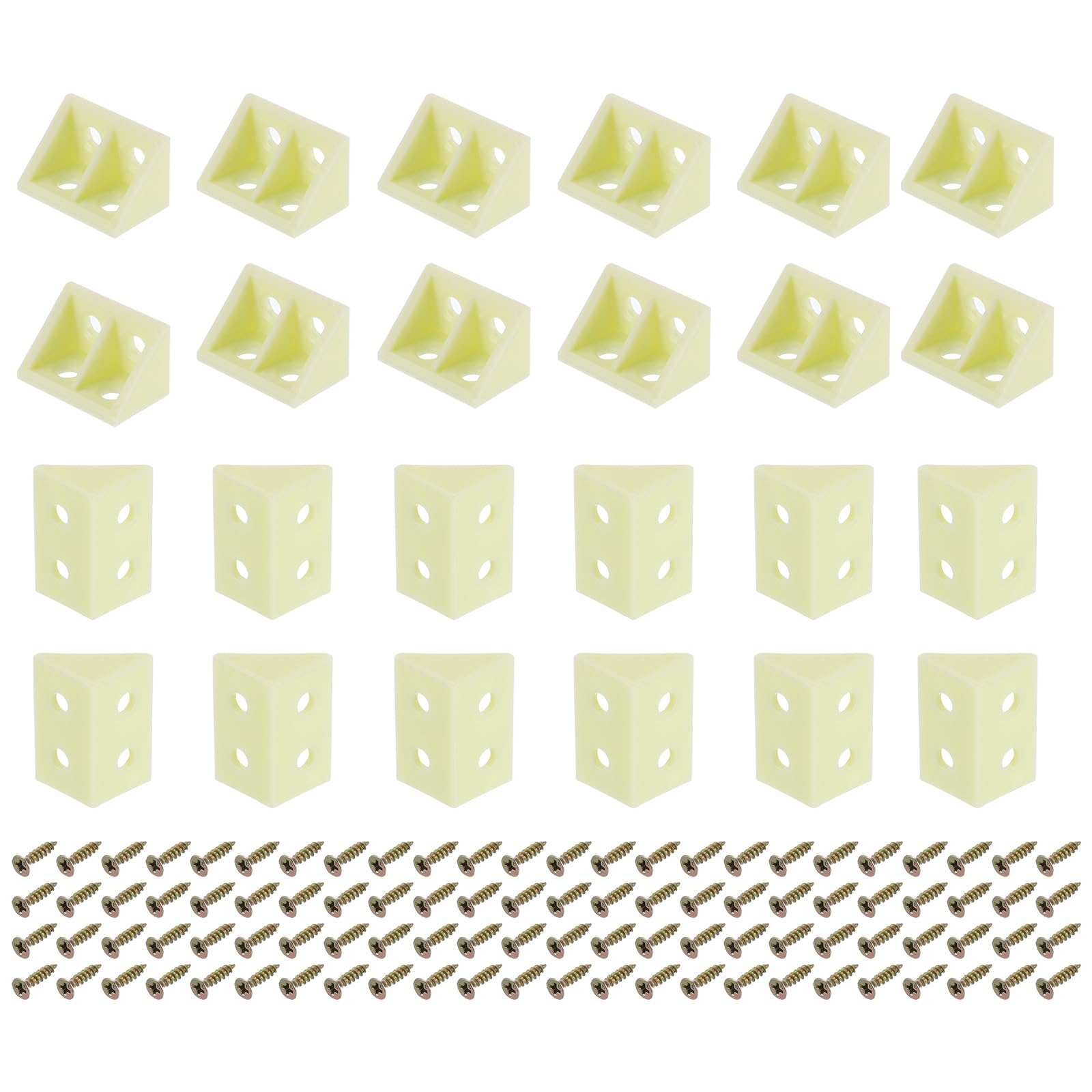 sourcing map 24Pcs 90 Degree Plastic Corner Braces, 19x32x19mm Nylon Shelf Right Angle Brackets with Screws for Cabinets, Cupboards (Yellow)