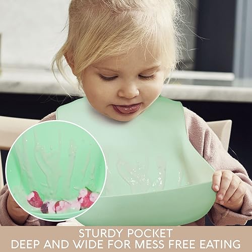 Miniatura 6 de Sperric Baberos de silicona para bebé, babero de silicona suave con atrapasador de alimentos y material impermeable, ajuste ajustable para bebés y