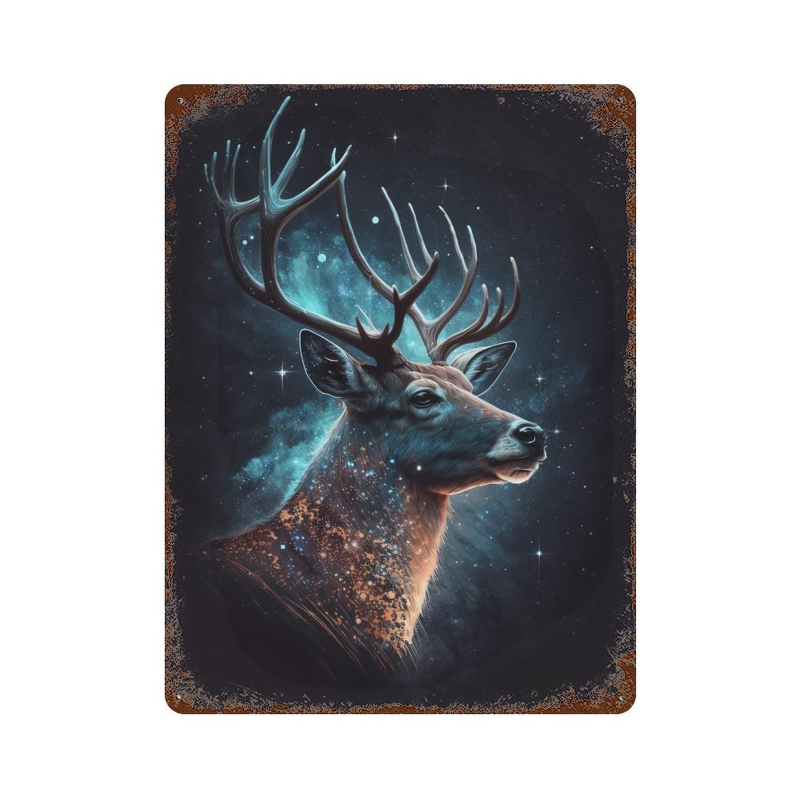 Weathered Tin Sign Galactic Deer Portrait 15.7"x11.8", Novelty Wall Decor for Basement, Hobby Room And Garage Decor