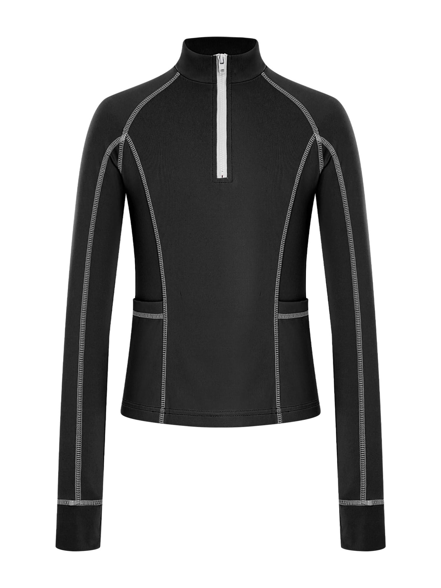 Agoky Mädchen Sportshirts Langarm Stehkragen T-Shirts Basic Einfarbig Laufshirts mit Daumenlöcher Taschen 1/4 Reißverschluss Funktionsshirts Atmungsaktive Tops