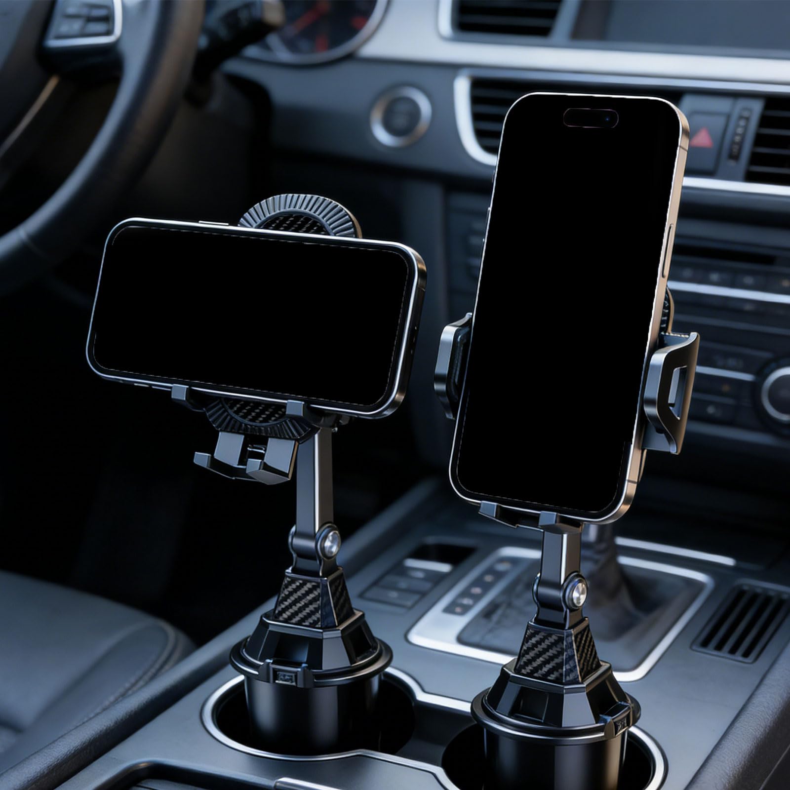 Supporto per cellulare da auto, 2 in 1, regolabile, con rotazione a 360°, base telescopica per due smartphone, universale per la maggior parte dei veicoli