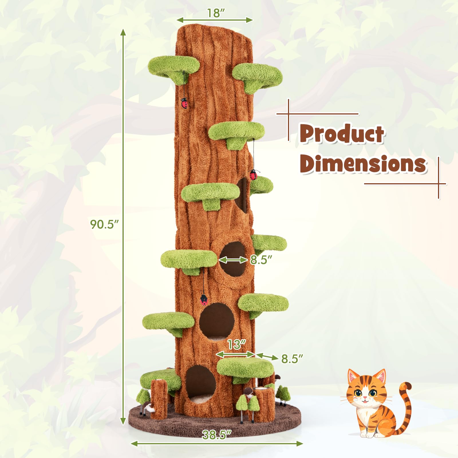PETSITE 90.5 Inch Tall Cat Tree, Tree-Like Modern Cat Tower with Sisal Scratching Pad, Five Cat Condos, Multiple Jumping Platforms, Cute Hanging and Spring Toys, Large Cat Tree Tower for Indoor Cats
