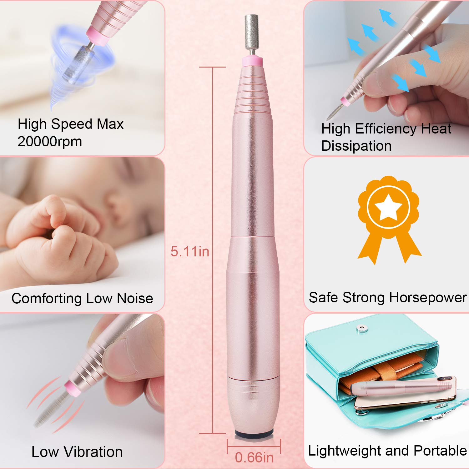 Nail Drill, V BUTIGIRL Nail Drill Kit for Acrylic Nails, Efile Nail Drill for Manicure Pedicure Valentine's Day Salon Nail Easy DIY at Home, Golden