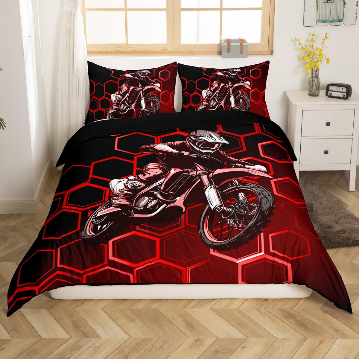 Loussiesd Red Dirt Bike Duvet Cover Set Cot Size For Kids Boys Teens Bedroom Geometric Honeycomb Bedding Set Hexagonal Extreme Sports Comforter Cover with 1 Pillowcase — image 1