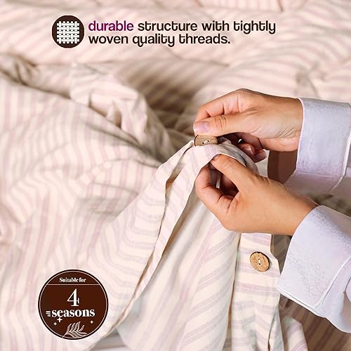 Miniatura 5 de Juego de funda de edredón natural 100% algodón lavado a rayas, 1 funda de edredón con 2 fundas de almohada, suave y de fácil cuidado (Milas,