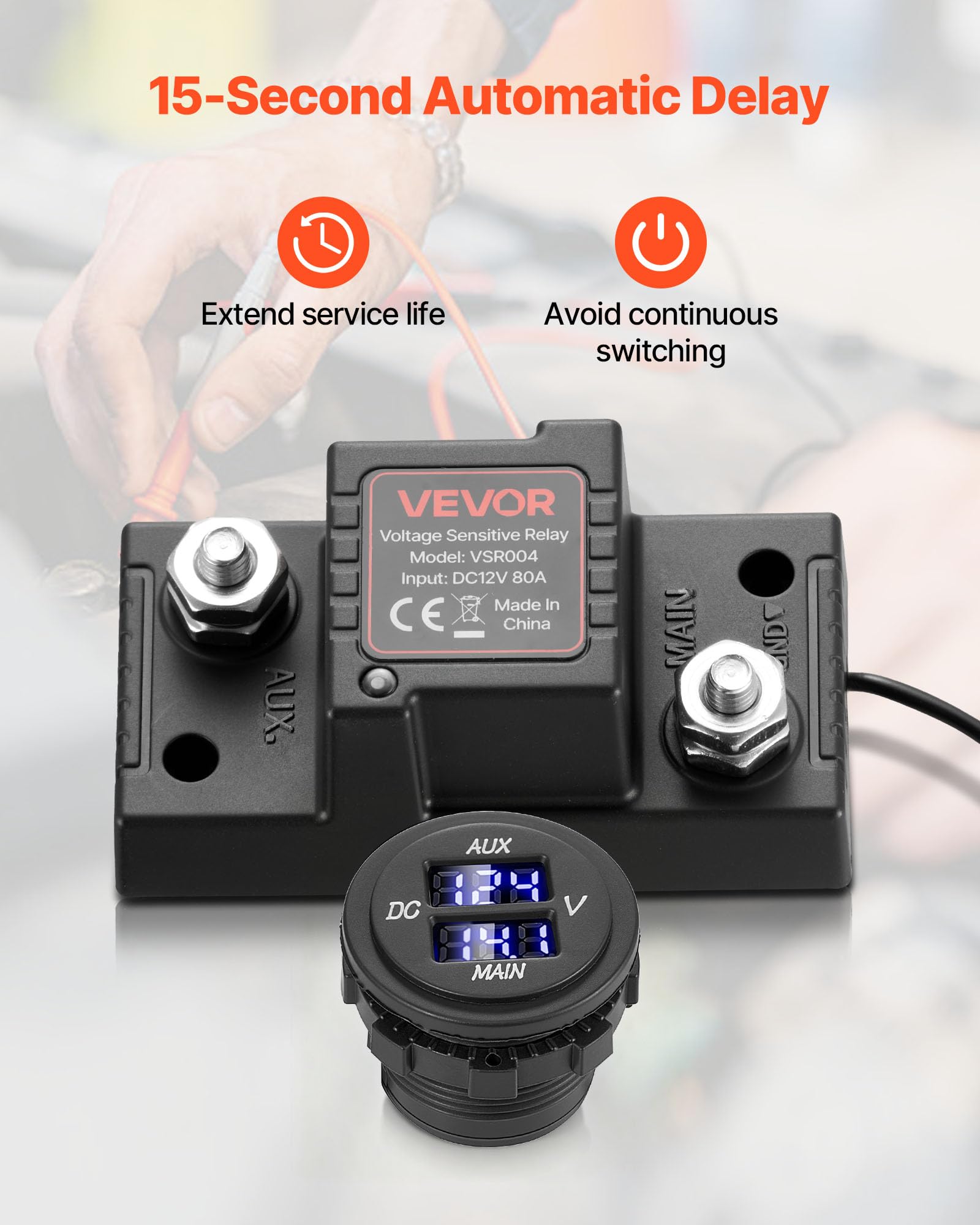 VEVOR Kit Isolatore Batteria Doppia 12 V 80 Amp, Relè Sensibile alla Tensione VSR Manuale e Automatico con Voltmetro, Schermo LCD, Isolatore Compatibile con Batterie al Piombo, per Furgone Camper