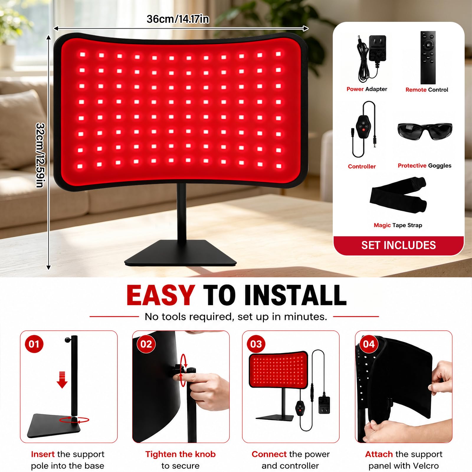 Lampada per terapia della luce rossa, lampada a infrarossi, pannello 2 in 1, con cinghia, per viso e corpo, 660 nm, 850 nm, dispositivo di fototerapia a infrarossi con telecomando, timer, 5 livelli di