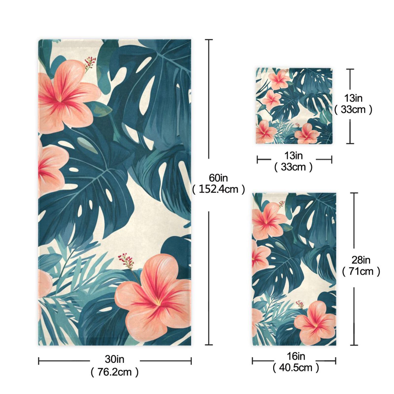 Set di 3 asciugamani per la pulizia del viso in stile tropicale con foglie verdi e fiori rossi, 1 asciugamano da bagno, 1 asciugamano per le mani, 1 panno per il viso del corpo