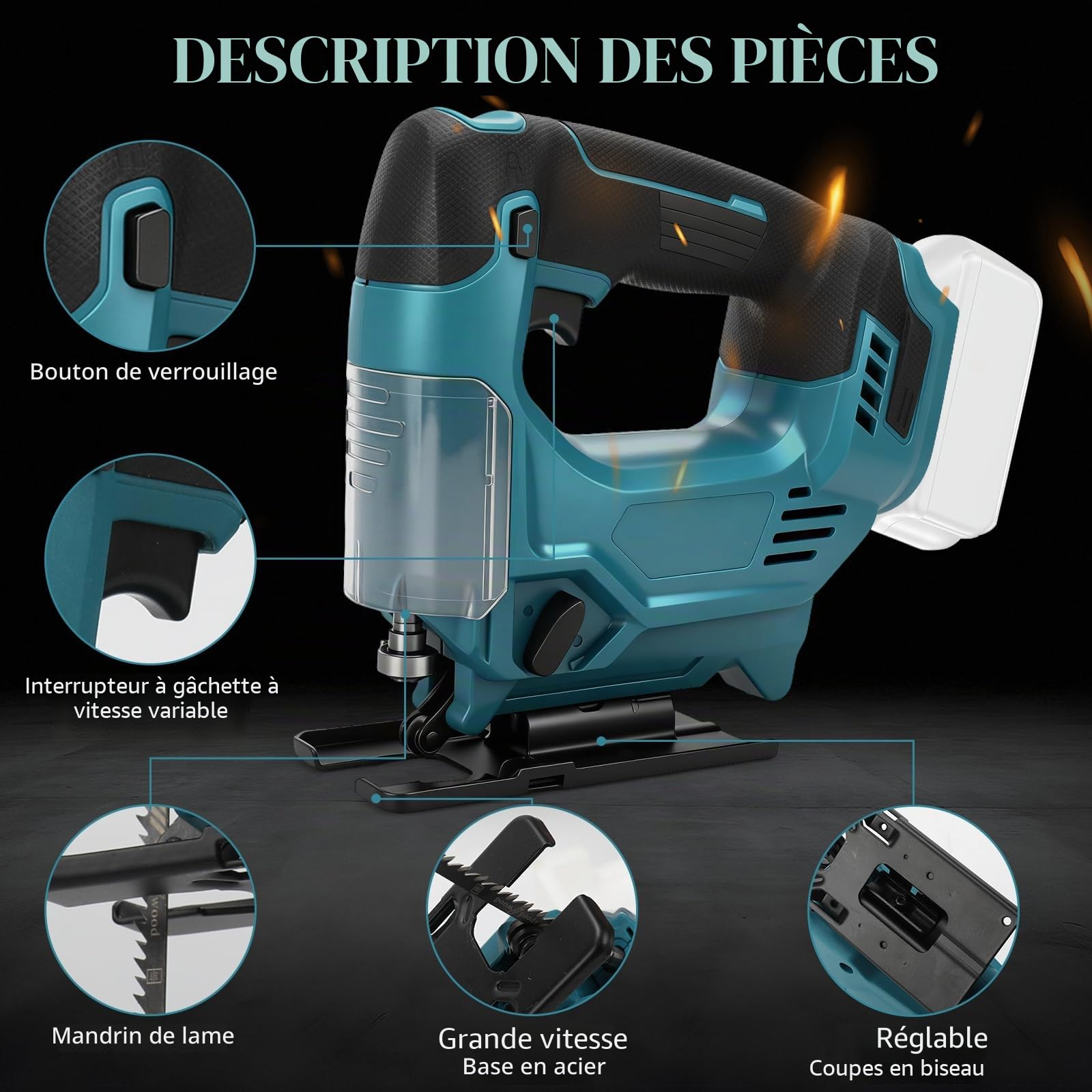 Scie Sauteuse Sans Fil pour Makita 18V batteries, 3500 tr/min, coupe à onglet 0-45°, 500 W sans balais, 6 lames, Scie sauteuse excentrique électrique pour bois, plastique, métal (sans batterie)