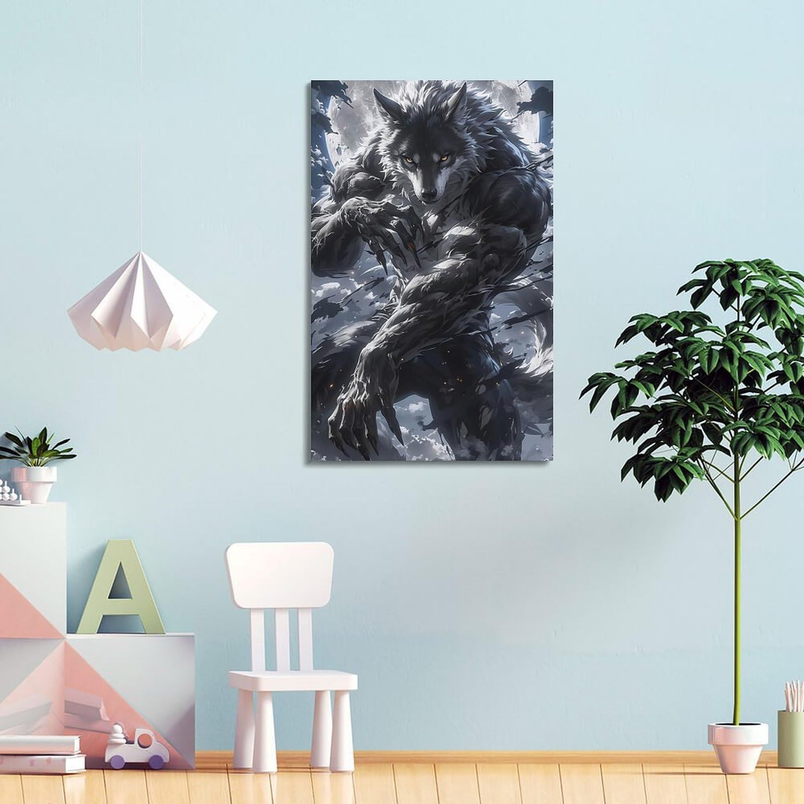 MEQKTQIMA Impression sur toile représentant un loup de style bande dessinée - Décoration murale moderne pour chambre à coucher - 50 x 75 cm