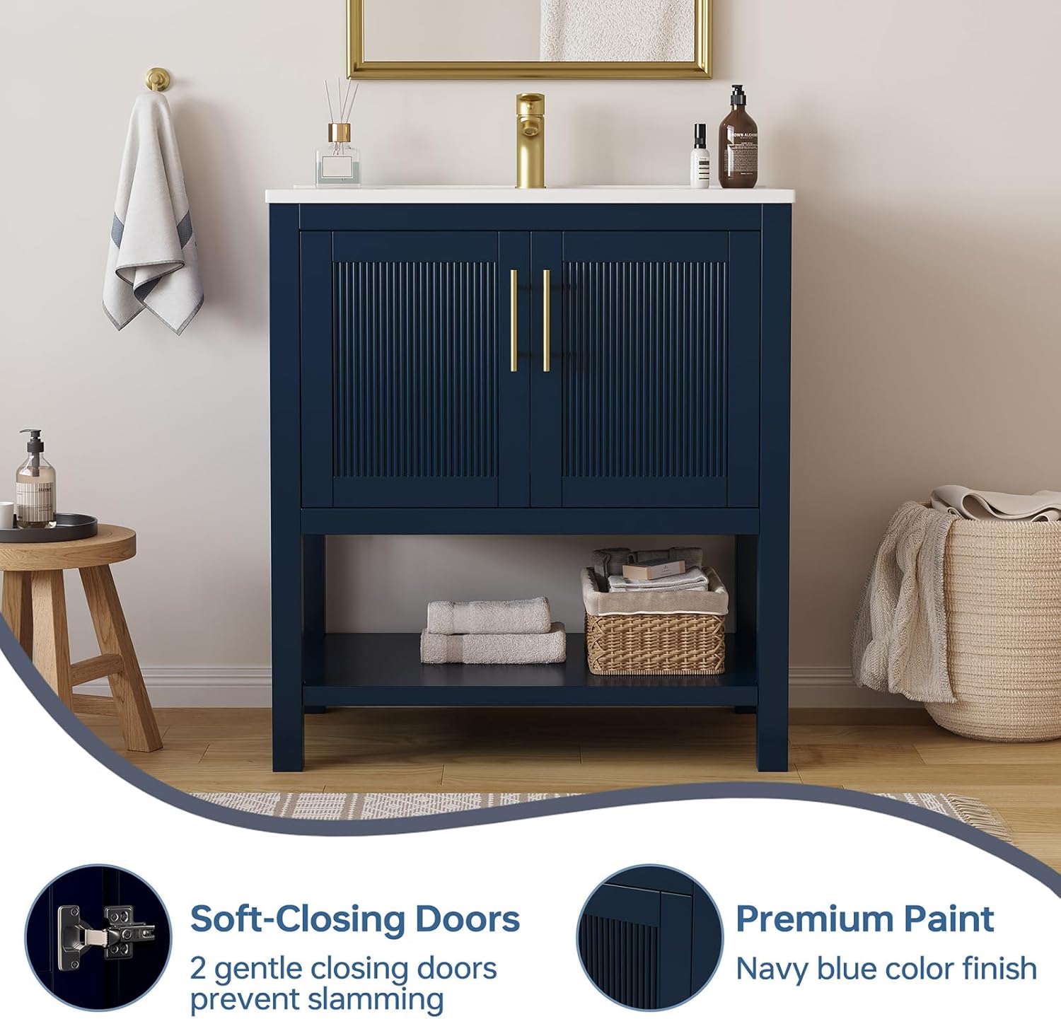 30 Inch Bathroom Vanity with Sink, Modern Undermount Bathroom Sink Cabinet with Soft-Closing Doors & Open Storage Shelf, 30 Inch Vanity with Integral Sink, Solid Wood Frame, Navy Blue