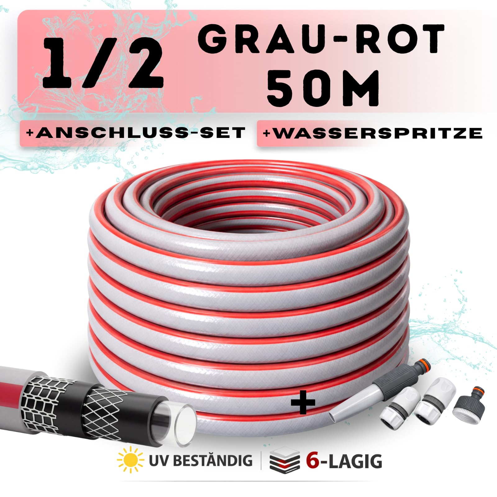 Professional Plus 6-lagiger Gartenschlauch 1/2" 50m mit Anschlusssatz – Trinkwasserschlauch Lebensmittelschlauch – Torsion-Free System (TFS) – Flexibel, UV-beständig, 30 Bar